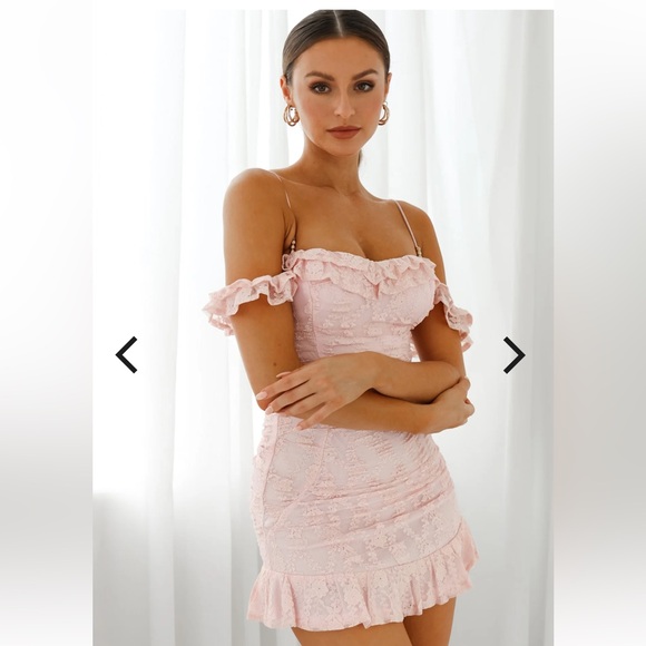 Selfie Leslie Dresses & Skirts - Selfie Leslie Matilda Frill Pink Strapless Lace Dress in blush